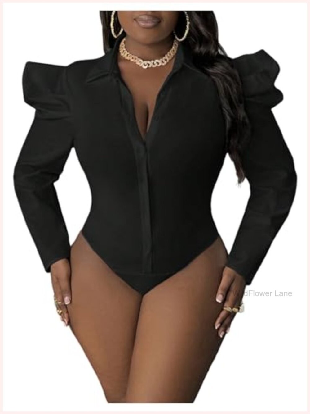 Plus Size Collared Puff Sleeve Bodysuit Top Button Down Blouse